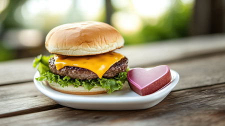 A tempting cheeseburger topped with melted cheddar cheese on a bed of fresh lettuce, paired with a heart-shaped dessert, perfect for outdoor meals.の素材