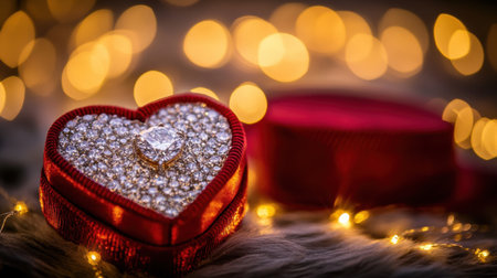 A stunning heart-shaped jewelry box filled with sparkling gems rests on a soft surface, enhanced by a warm bokeh background, perfect for romantic occasions.の素材