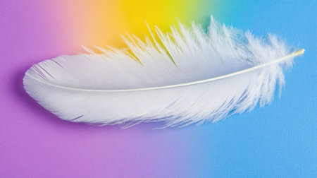 A delicate white feather rests gracefully against a vibrant gradient background of pink, purple, and yellow hues, creating a serene and artistic ambiance.の素材