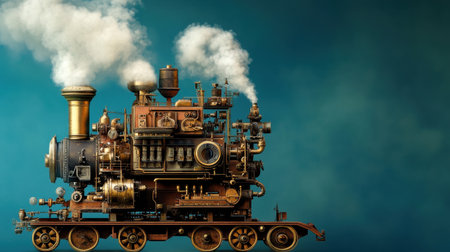 A vintage steam engine featuring intricate mechanical details and realistic steam effects, set against a striking blue background, representing industrial heritage.の素材