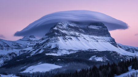 This stunning image captures a majestic mountain with a unique cloud formation at sunset. The snowy landscape and vibrant sky create a serene and tranquil atmosphere.の素材