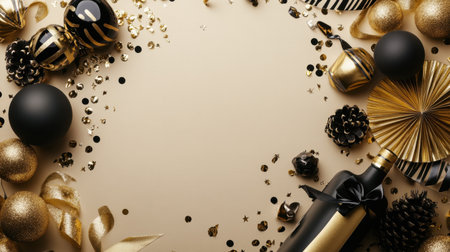 A captivating arrangement of elegant party decorations featuring black and gold items. Perfect for New Year celebrations, festive occasions, or elegant events.の素材