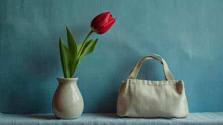 A serene still life composition featuring a vibrant red tulip in a white vase alongside a soft fabric bag, set against a textured blue background.の素材