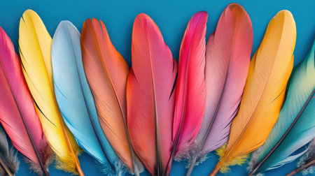 A stunning arrangement of colorful feathers displayed against a blue background, showcasing a variety of hues for artistic and creative projects.の素材