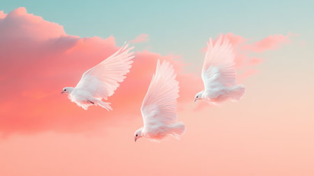 This captivating image features elegant white doves soaring gracefully against a tranquil pastel sunset sky. The soft clouds enhance the serene atmosphere, embodying themes of peace and freedom.の素材