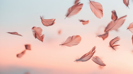 This enchanting image features delicate feathers gracefully floating in a soft pastel sky. The serene ambiance evokes feelings of tranquility and dreaminess, making it ideal for various artistic and design applications.の素材