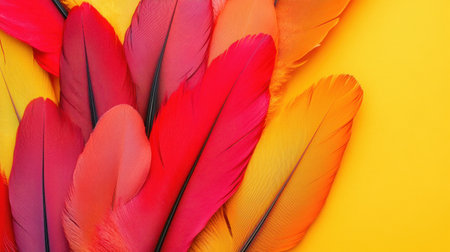 A stunning arrangement of vibrant feathers in red, orange, and yellow shades against a bright yellow background, perfect for creative and artistic projects.の素材