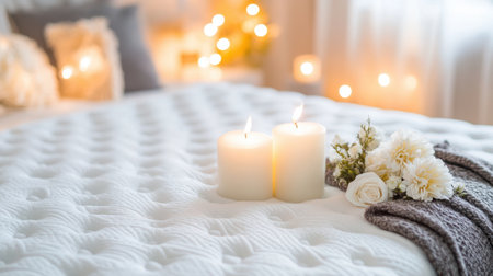 A cozy bedroom atmosphere featuring two lit candles, a delicate floral arrangement, and soft textured bedding, creating a warm and inviting space for relaxation.の素材