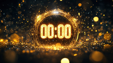 Eye-catching digital countdown timer showcasing a mesmerizing arrangement of bright lights and golden particles, perfect for festive events or celebrations.の素材
