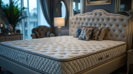 This image showcases a sophisticated bedroom with a plush ivory mattress adorned with decorative pillows, creating an inviting space for relaxation and comfort.の素材