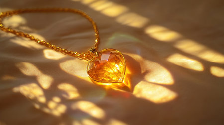 A stunning heart-shaped pendant necklace made of sparkling yellow material, glowing softly against a delicately textured fabric background. The warm light creates enchanting reflections, enhancing the beauty of this elegant jewelry piece. Perfect for romantic occasions or as a cherished gift.の素材