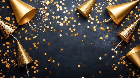 This vibrant image features golden party hats and shimmering confetti scattered on a dark background, perfect for celebrating any joyful occasion.の素材