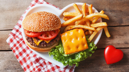 A heart-shaped platter featuring a juicy burger with fresh tomatoes and cheese, accompanied by crispy fries and lettuce. Perfect for sharing!の素材