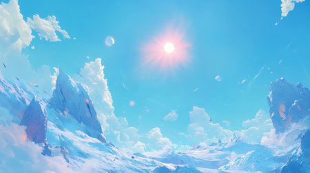 A breathtaking winter landscape showcases majestic snow-covered mountains under a clear blue sky, where bright sunlight illuminates the serene scene.の素材