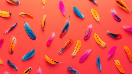 This image showcases a stunning array of vibrant feathers scattered on a bright coral background, perfect for artistic and creative projects.の素材