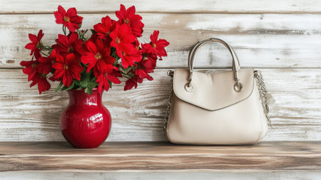 A beautiful arrangement featuring vibrant red flowers in a glossy vase next to a chic handbag on a rustic wooden shelf, ideal for decor ideas.の素材