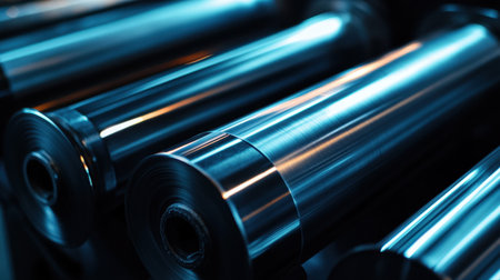 High-quality close-up image of metallic cylinders showcasing their reflective surfaces, ideal for industry, manufacturing, and engineering projects.の素材