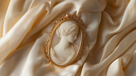 This stunning image features an elegant cameo portrait set upon soft satin fabric, capturing a timeless charm and vintage sophistication in serene light.の素材