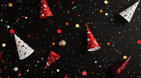 Enhance your festive events with this vibrant background featuring colorful confetti, party hats, and decorative elements on a sleek black surface.の素材
