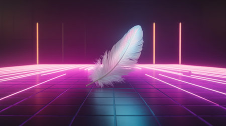 A stunning image featuring a delicate white feather on a vibrant neon background, surrounded by glowing lines that create a futuristic atmosphere.の素材