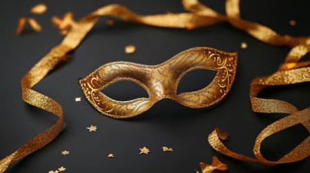 This captivating golden masquerade mask stands out against a dark background, surrounded by shimmering ribbons and sparkling stars, perfect for festive celebrations.の素材