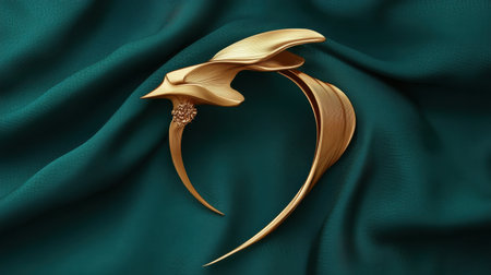 This exquisite gold jewelry piece features a delicate leaf motif, beautifully arranged on a rich green fabric background, ideal for showcasing elegance and artistry.の素材