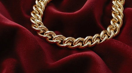 This image showcases an elegant gold jewelry chain prominently displayed on soft burgundy fabric, highlighting the rich textures and luxurious feel perfect for fashion and design projects.の素材