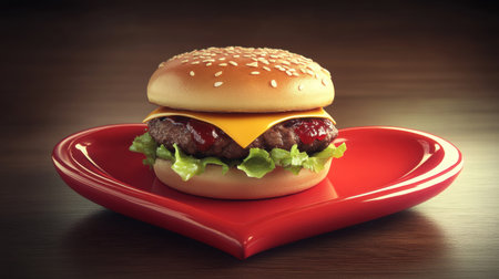 A delicious cheeseburger is presented on a heart-shaped plate, symbolizing love and indulgence, ideal for romantic dinners or special events.の素材