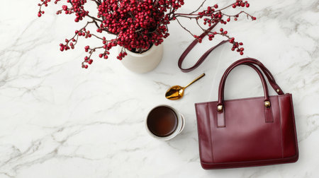 A chic burgundy handbag is displayed next to a vase filled with vibrant flowers, a cup of tea, and a golden spoon, all on a marble surface.の素材