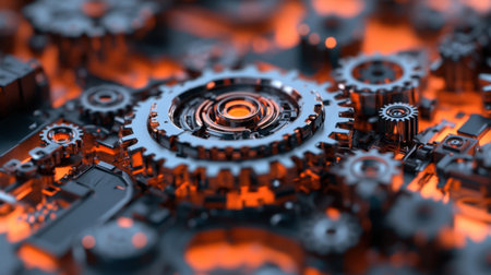 This image showcases an intricate web of metallic gears and cogs, set against a glowing orange background, symbolizing innovation and technology.の素材