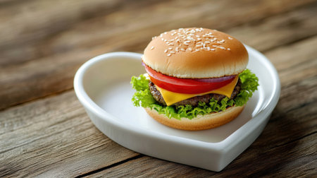 A mouthwatering cheeseburger featuring fresh lettuce, ripe tomato, and melted cheese, gracefully placed on a heart-shaped plate, perfect for a cozy meal.の素材