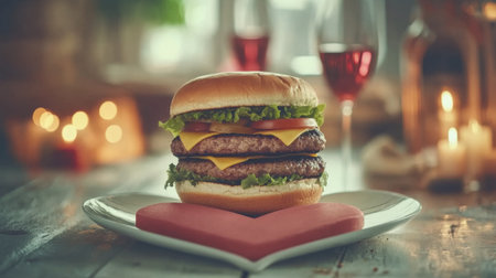 A beautifully presented cheeseburger on a heart-shaped plate exudes romance, complemented by fine wine, perfect for a cozy dinner setting.の素材