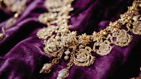 This stunning close-up features an ornate gold jewelry piece resting on luxurious purple fabric, showcasing intricate design and craftsmanship in an elegant display.の素材