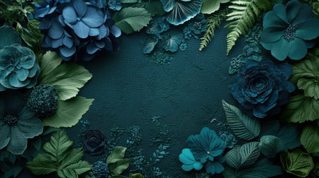 This captivating image showcases an elegant arrangement of blue and green floral elements, complemented by vibrant leaves against a textured background. Perfect for artistic displays and nature-inspired designs.の素材