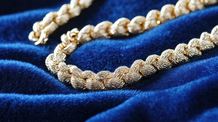 A captivating close-up of a golden braided jewelry piece on a rich blue velvet background, showcasing its intricate design and luxurious appeal.の素材