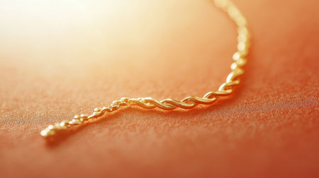 Close-up shot of an elegant gold bracelet resting on a soft orange background, showcasing intricate details and warm lighting that enhances its luxurious appeal.の素材
