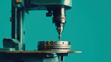 Close-up view of an industrial drill machine in action, highlighting precision work on a metal part against a vibrant turquoise background.の素材