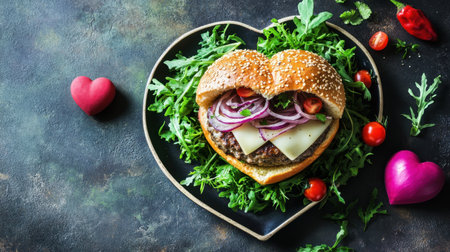 This heart-shaped burger features a fresh sesame bun filled with greens, tomatoes, and onions, perfect for romantic meals and celebrations.の素材