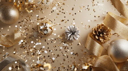 This vibrant image showcases an array of festive golden decorations, shimmering confetti, and elegant ornaments, perfect for holiday celebrations and joyful gatherings.の素材