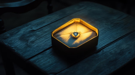 A heart-shaped ring elegantly displayed in a soft-lit box on a rustic wooden table, ideal for conveying romance or special gift moments.の素材