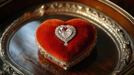 This exquisite heart-shaped jewelry box, adorned with a dazzling diamond centerpiece, epitomizes elegance and romantic charm, perfect for special occasions.の素材