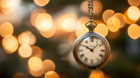 A beautifully crafted vintage pocket watch hangs elegantly against a soft bokeh background, capturing the essence of timelessness and nostalgia in an artistic display.の素材