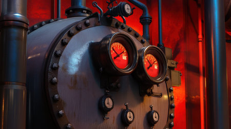 An industrial boiler featuring pressure gauges, set against a backdrop of warm lighting and rustic textures, showcasing engineering elements and machinery.の素材