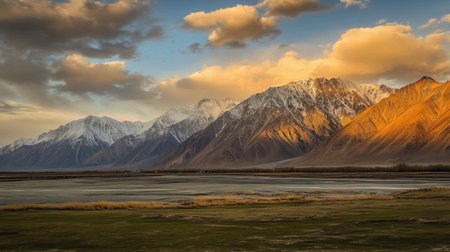 Explore the beauty of a breathtaking mountain range illuminated by the golden light of sunset, set against a serene rural landscape under a sky filled with clouds.の素材