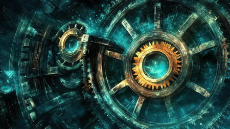 This captivating image features an intricate abstract mechanism with golden gears against a glowing blue background, embodying a futuristic design aesthetic.の素材