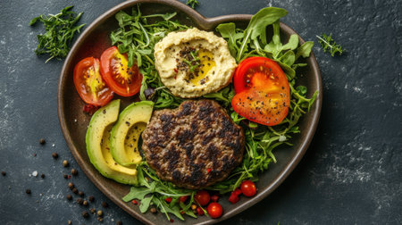 A visually appealing heart-shaped plate features a juicy burger patty nestled on a bed of fresh greens, accompanied by sliced avocado, ripe tomatoes, and creamy hummus, creating a perfect harmony of flavors for a healthy and delicious meal.の素材