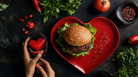 A vibrant heart-shaped gourmet burger garnished with fresh ingredients showcases the love for food. Perfect for culinary and romantic themes.の素材
