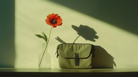 This captivating image features a stylish green bag alongside a vibrant red flower, artfully arranged in a minimalist setting. The soft natural light casts delicate shadows, adding depth and elegance to the composition. A perfect blend of fashion and nature.の素材