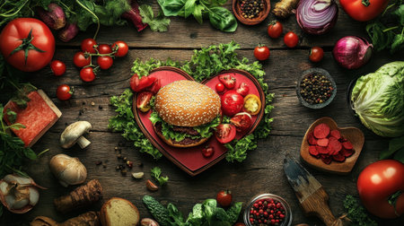 A visually striking heart-shaped arrangement featuring a succulent burger surrounded by fresh vegetables and colorful ingredients ready for a delightful meal.の素材