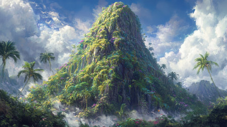 A stunning view of a lush green mountain enveloped by a vibrant jungle, showcasing a dramatic sky with fluffy clouds and abundant natural beauty.の素材